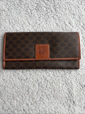 Vintage Celine Triomphe Patch Macadam Pattern PVC Leather Snap Flap Long Wallet